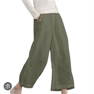 Ellen Tracy 100% Linen Wide Leg Olive Green Loose Leg Flowy Pant Small